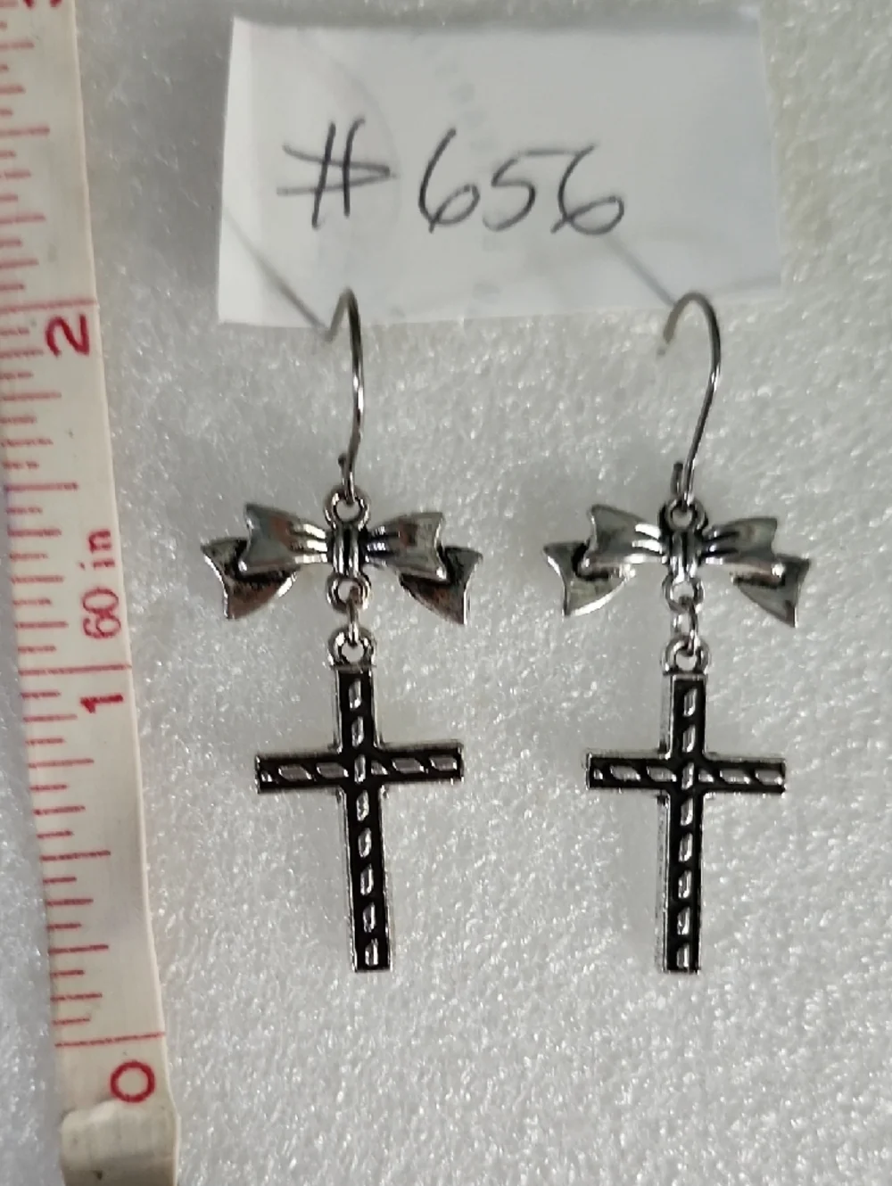 Hand Crafted Silver Bow & Cross Dangle Earrings